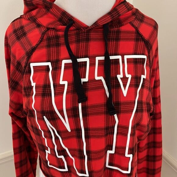 Red and black plaid, hooded cropped top, long sleeve stretchy women’s small - Picture 2 of 6